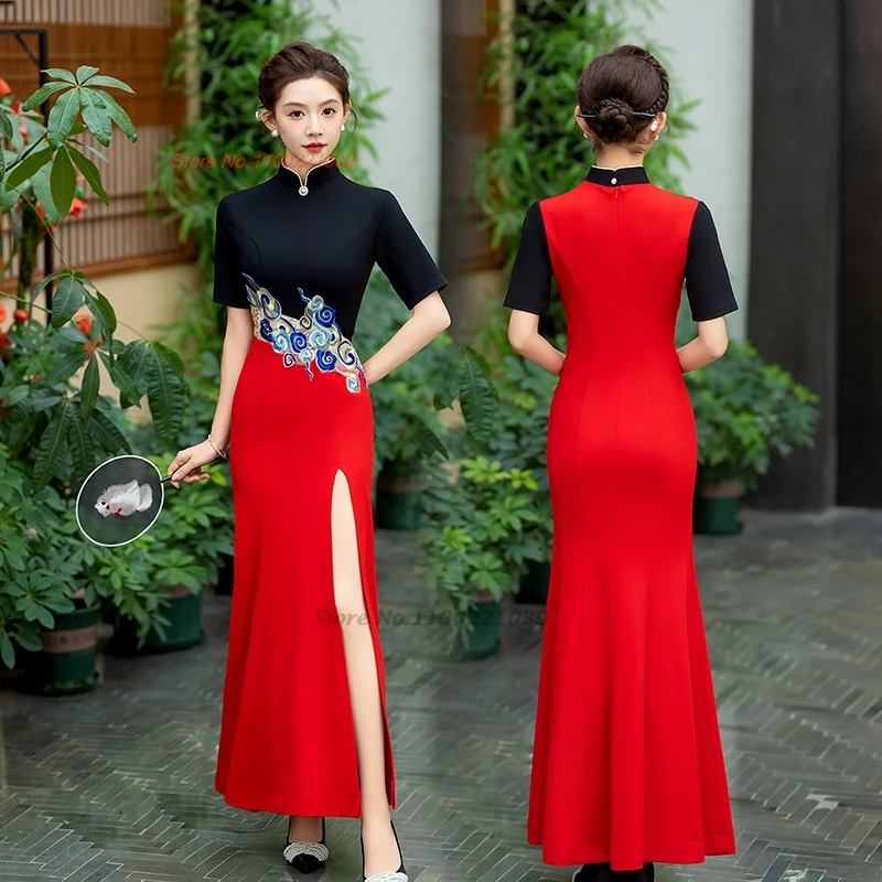 2026 chinese improved cheongsam national flower embroidery patchwork qipao formal qipao oriental vintage banquet evening dress