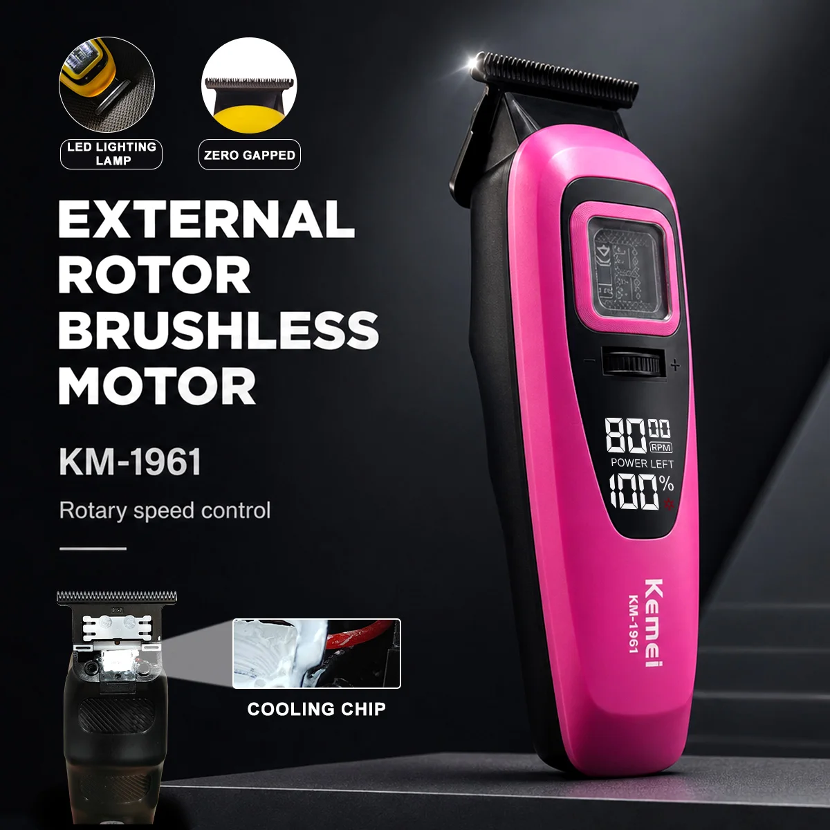 Kemei KM-1961 Men's Hair Trimmer DLC Blade Zero Gapped Brushless Motor External Rotor 8000RPM Cordless Professional Barber Shop