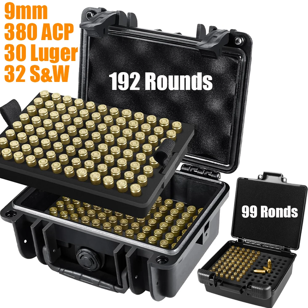 9mm Ammo Box Bullet Case Tactical 9x19mm Ammunition Storage Box 192/99 Rounds Ammo Organizer for .380 ACP, .30 Luger, .32 S&W