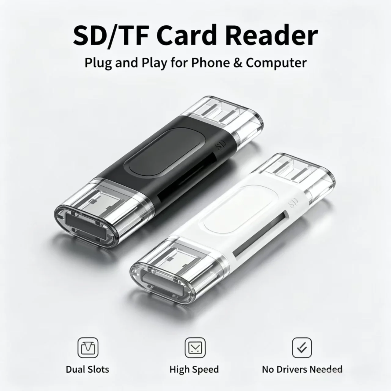 USB‑A & Type‑C Dual‑Port Card Reader, Support SD TF Memory Card, Plug‑and‑Play OTG Memory Card Adapter for Phone Laptop