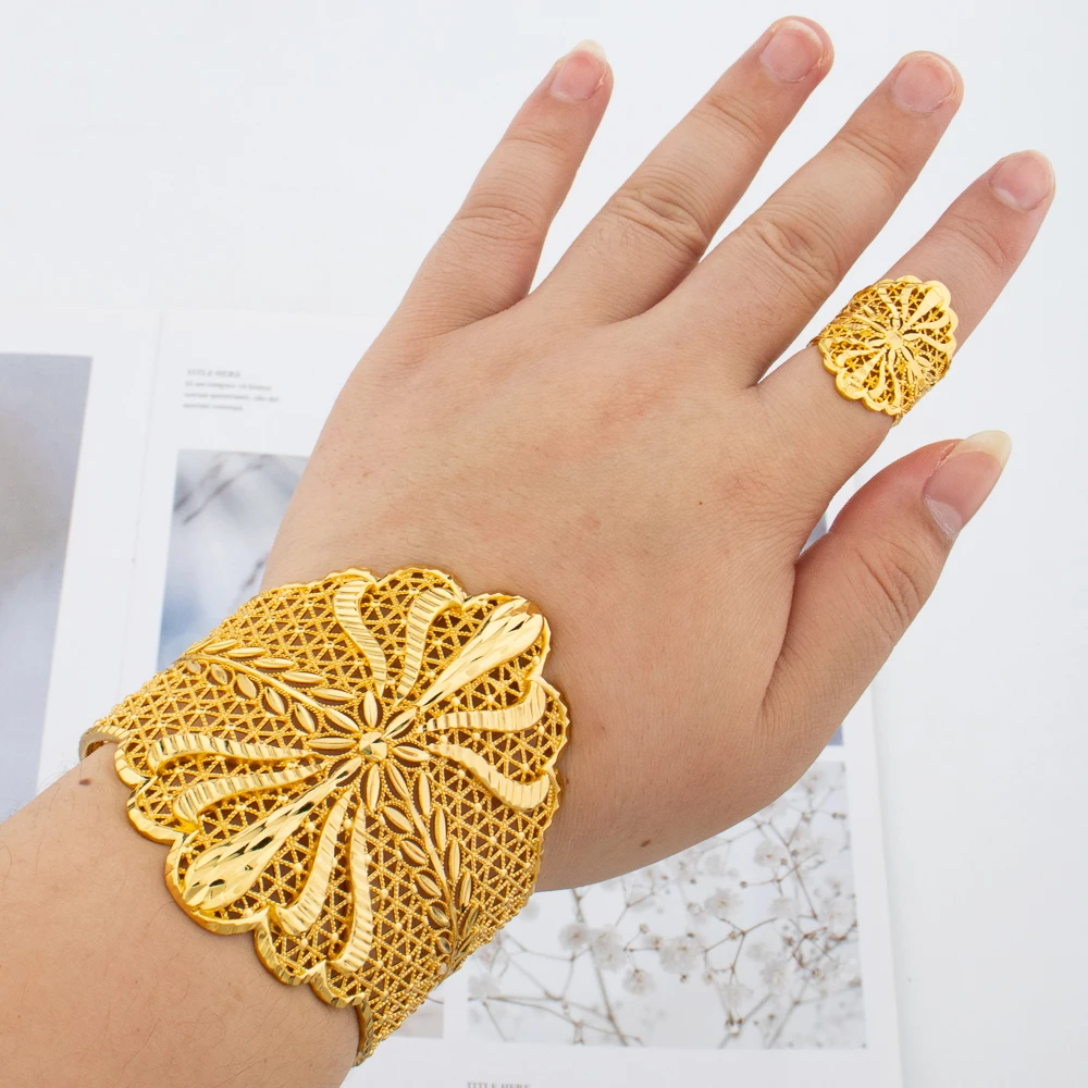 Gold Plated Cuff Bracelet With Ring Female Dubai Gold Color Bangles For Women Luxury Dubai Anniversary Gift Jewelry Accessories