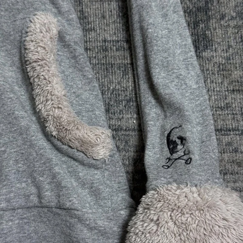 Autumn Winter New Gray Hooded Sweatshirt Women's Jackets  Original Design Lamb Wool Splicing Sweet Cool Creative Top Coat Ladies