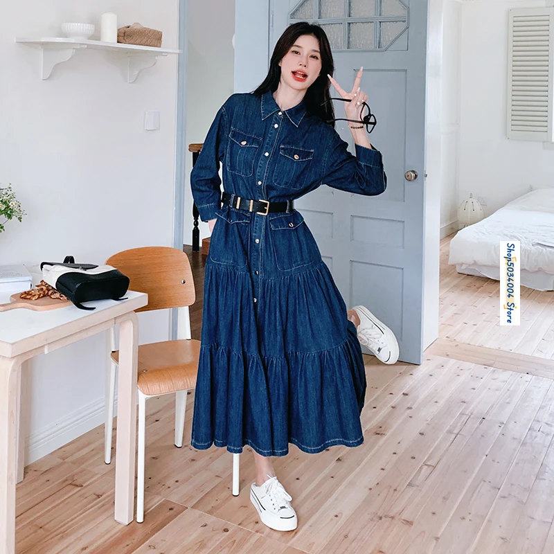 Fashion Spliced Multi Pocket Blue Denim Dress for Women 2024 Fall Elegant French Style Long Sleeve Slim A-line Maxi Dresses 2015