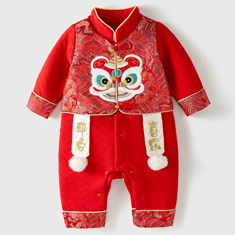 Spring Autumn Toddler Boy Outfits Chinese Style Embroidery New Year Cartoon Cute Red Long Sleeve Baby Rompers Newborn Items B395