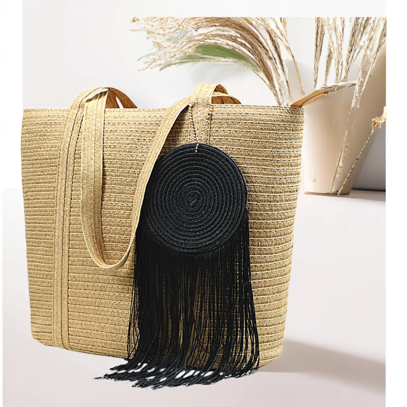 

Large Capacity Hand-woven Tassel Straw Bag Summer Boho Paper Rope Woven Shoulder Bag Beach Travel Vacation Casual Purse Sac