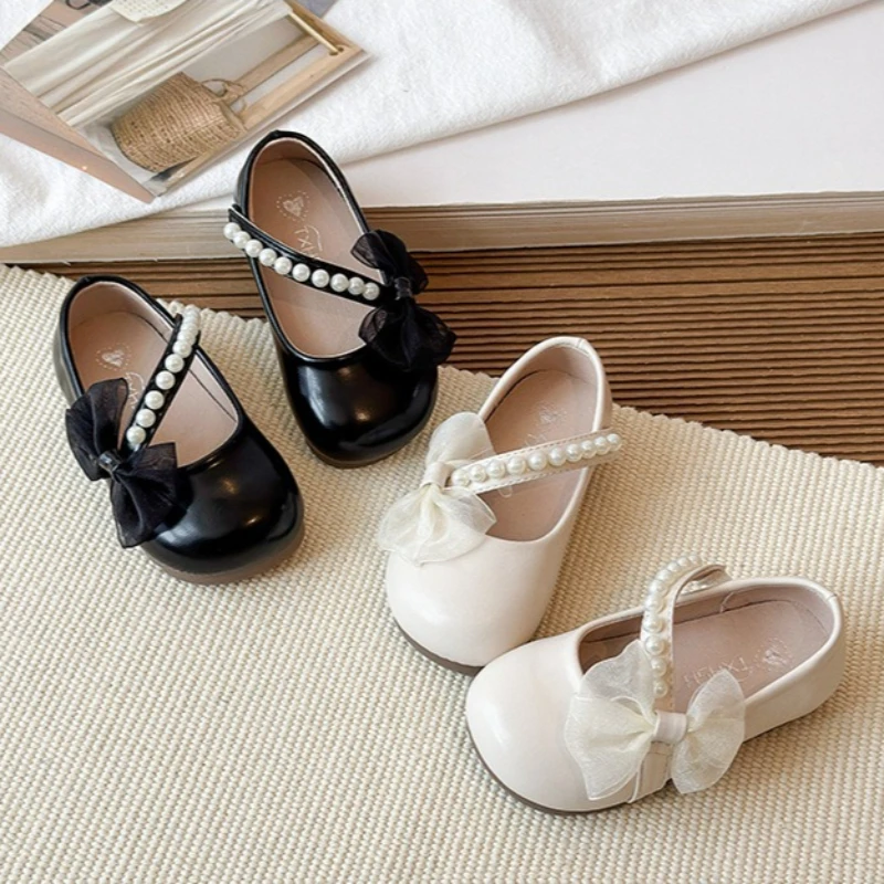 

New Girl Princess Leather Shoes Chic Versatile Soft Elegant Fashion Lace Bowknot Beading Kid Loafers Wedding Slip-on Mary Janes