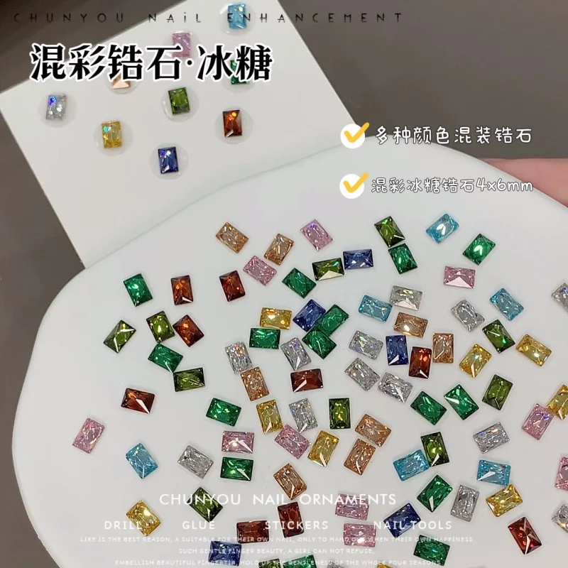 50 szt. Kwadratowe Kolorowe Cyrkonie Ozdoby do Paznokci Mini Błysk Niebieski Różowy Zielony Dekoracja Paznokci Brokat Geometryczny Kryształ Manicure Akcesoria