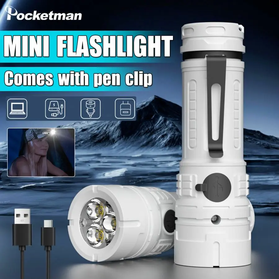 

Super Bright LED Flashlight Multi-Functional USB Rechargeable Flashlights Pocket Emergency Light Torch for Camping Hiking