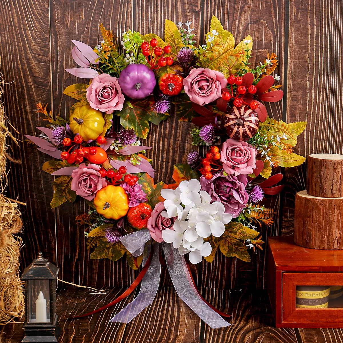 

Yannew Fall Wreaths for Front Door Outside Artificial Autumn Wreath with Pumpkins Maple Leaf Thanksgiving Farmhouse Home Decor