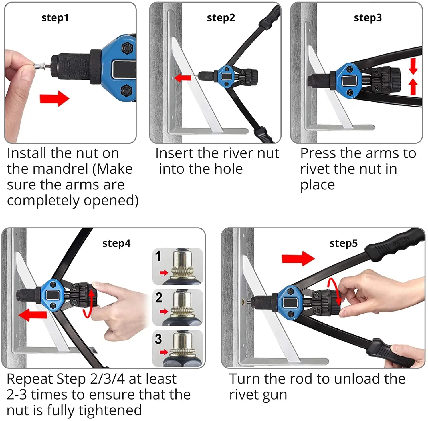 Set di strumenti di riparazione per pistola per rivettatrice con filettatura per dado professionale da 150 pezzi, kit di strumenti per rivetti da 13 pollici con 11 mandrini metrici e SAE