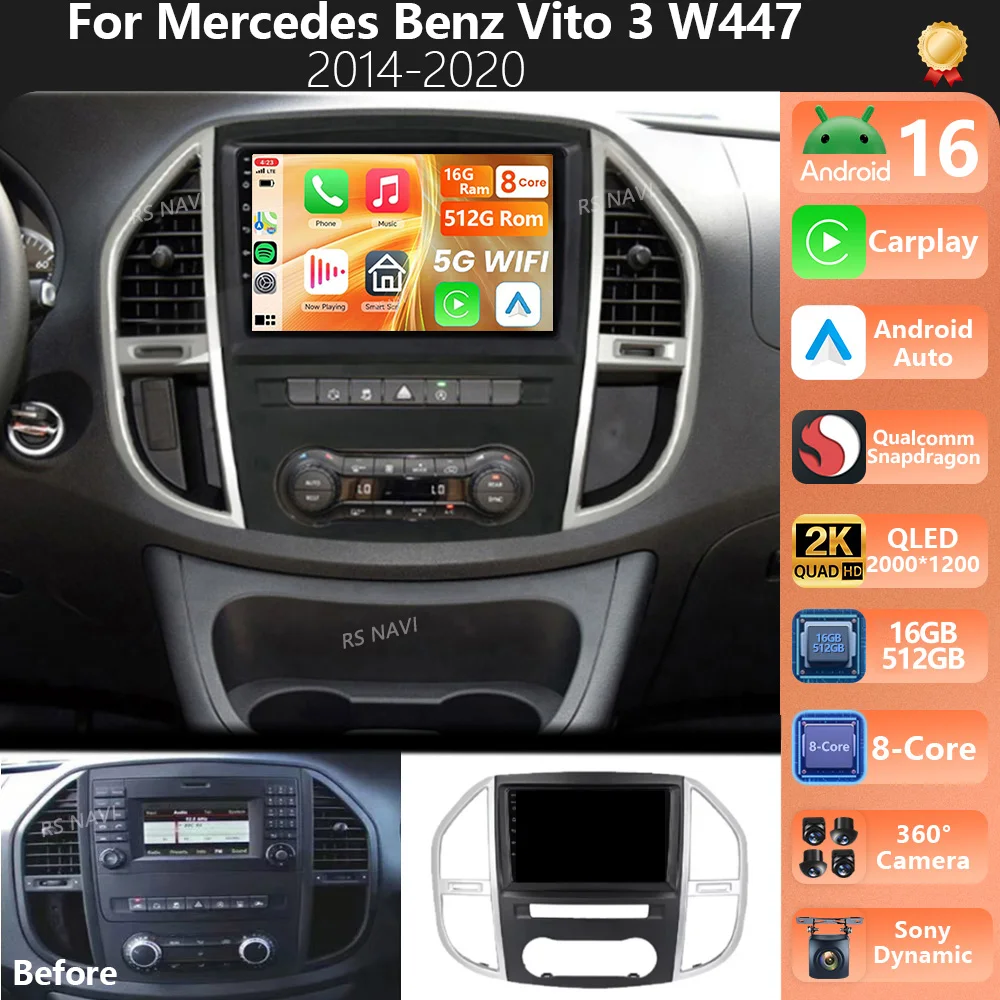 Plug and Play Android 16 For Mercedes Benz Vito 3 W447 2014-2020 2K QLED Android Car Radio Multimedia Video Player GPS CarPlay
