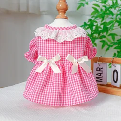 1PC Pet Clothing Dog Spring/Summer Pink Plaid Love Pearl Bow Princess Dress For Small Medium Dogs