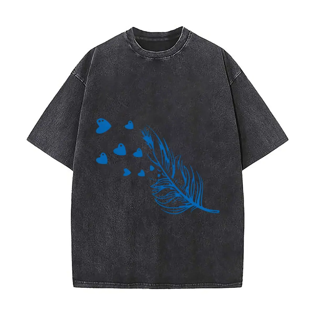 Blue Feather Floating Hearts Boho Line Art Washed Vintage Short Sleeve Loose Streetwear Tee