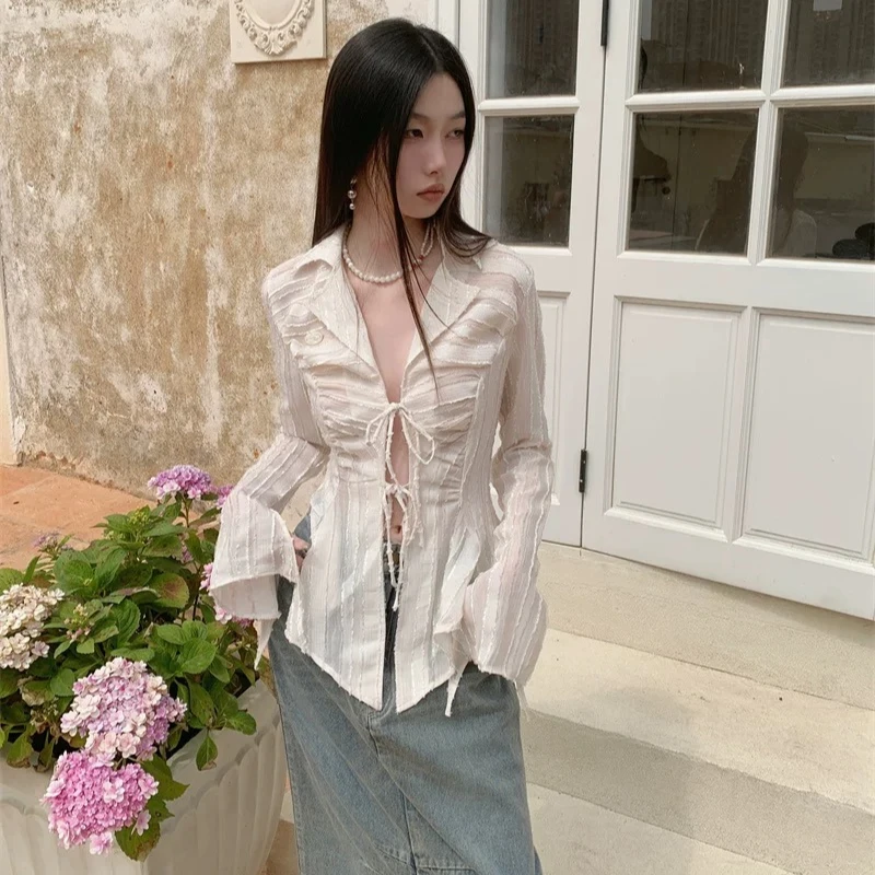 Deeptown Fairycore Lace Up Women Blouse Long Sleeve New Turn Down Collar Shirts Feminina Ladies Cropped Tops Korean Fashion Chic