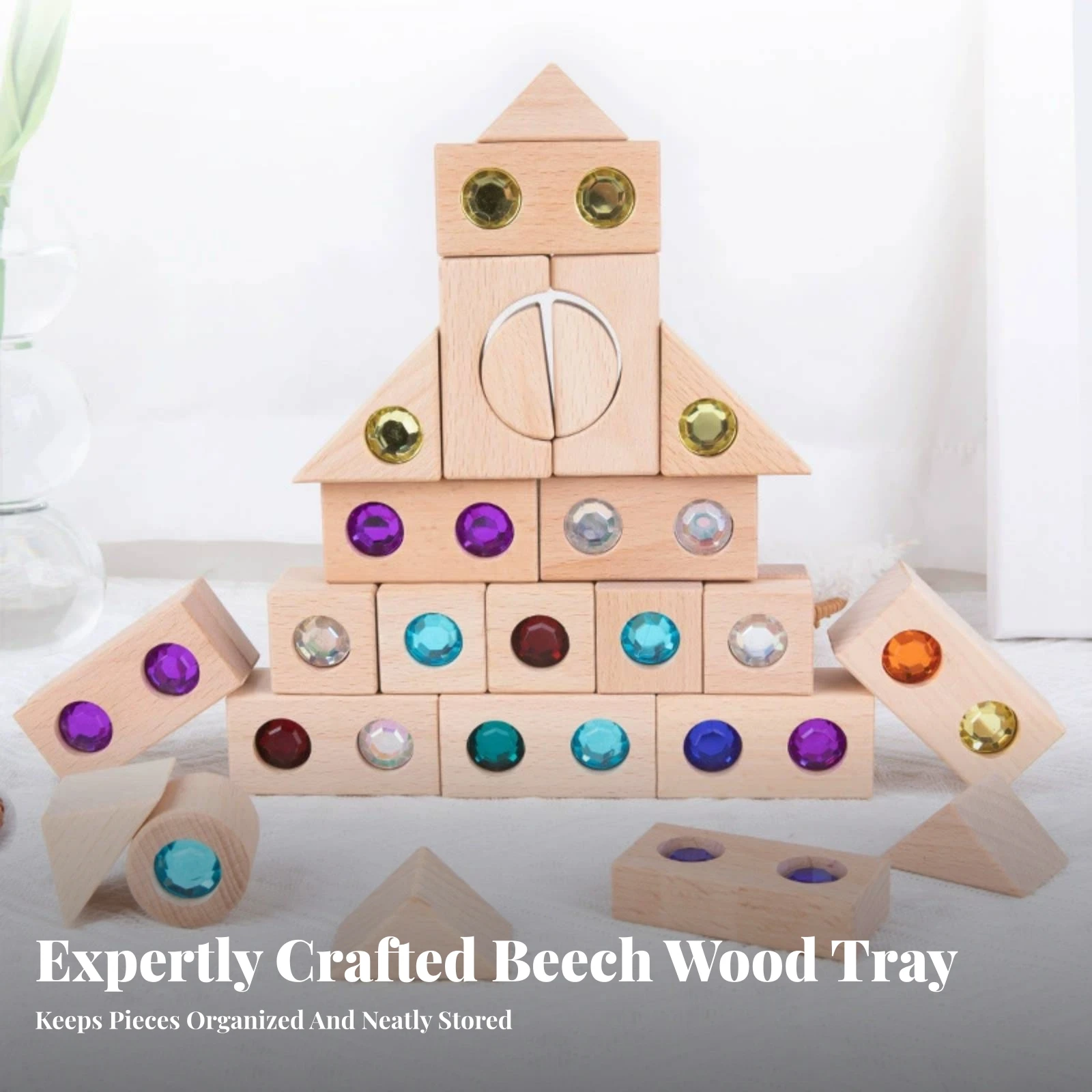 50 Pieces Beechwood Building Blocks Educational Building Blocks with Jewel-Like Colored Inserts Toy Screen-No-Screen Smooth