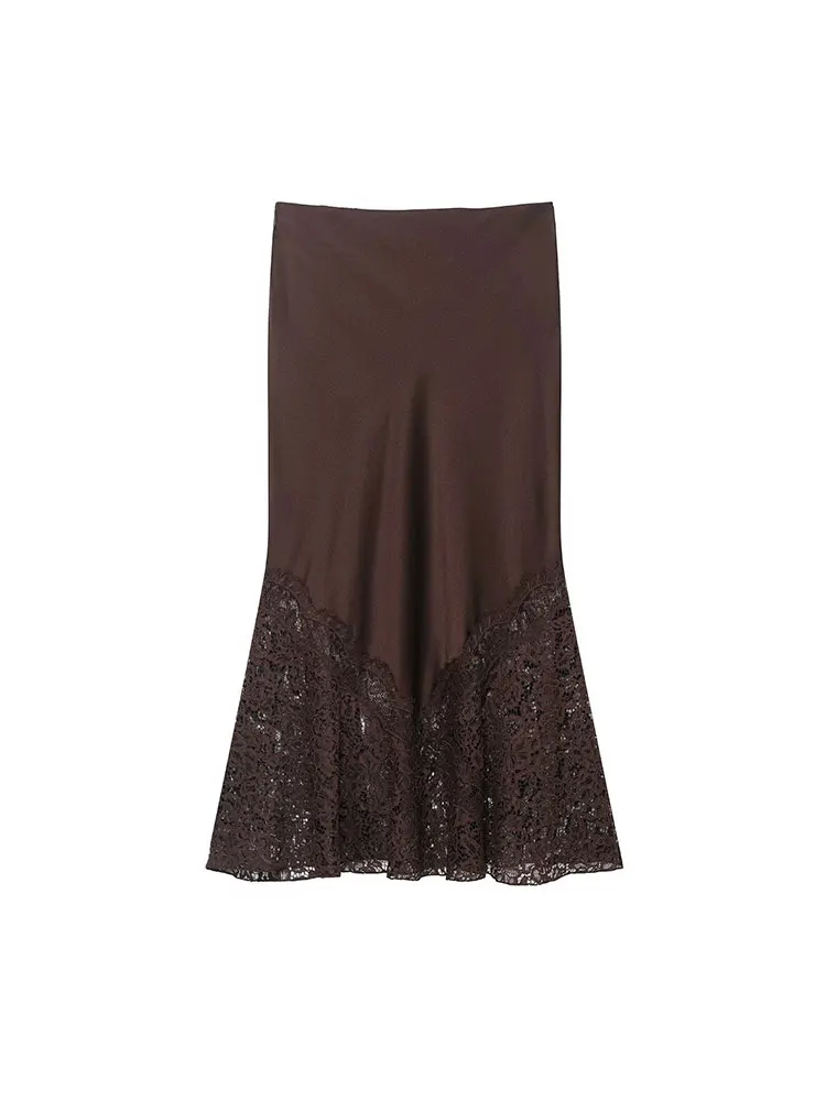 กระโปรงยาวทรงเอวสูงผ้าซาตินแต่งลูกไม้สีพื้นสำหรับผู้หญิงแฟชั่นฤดูใบไม้ร่วงปี 2025 สไตล์หรูหราสำหรับงานปาร์ตี้ Y2K