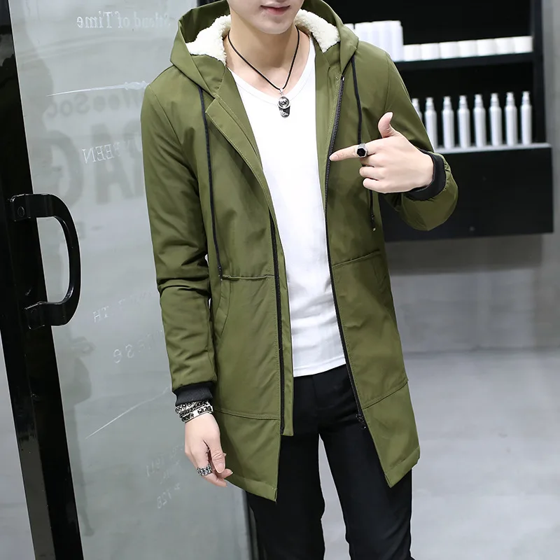Men\'s Windbreaker Long Parka Hooded Korean Warm Anorak Coat Male Cotton Male Clothing Fur Fleece Men Winter Jacket