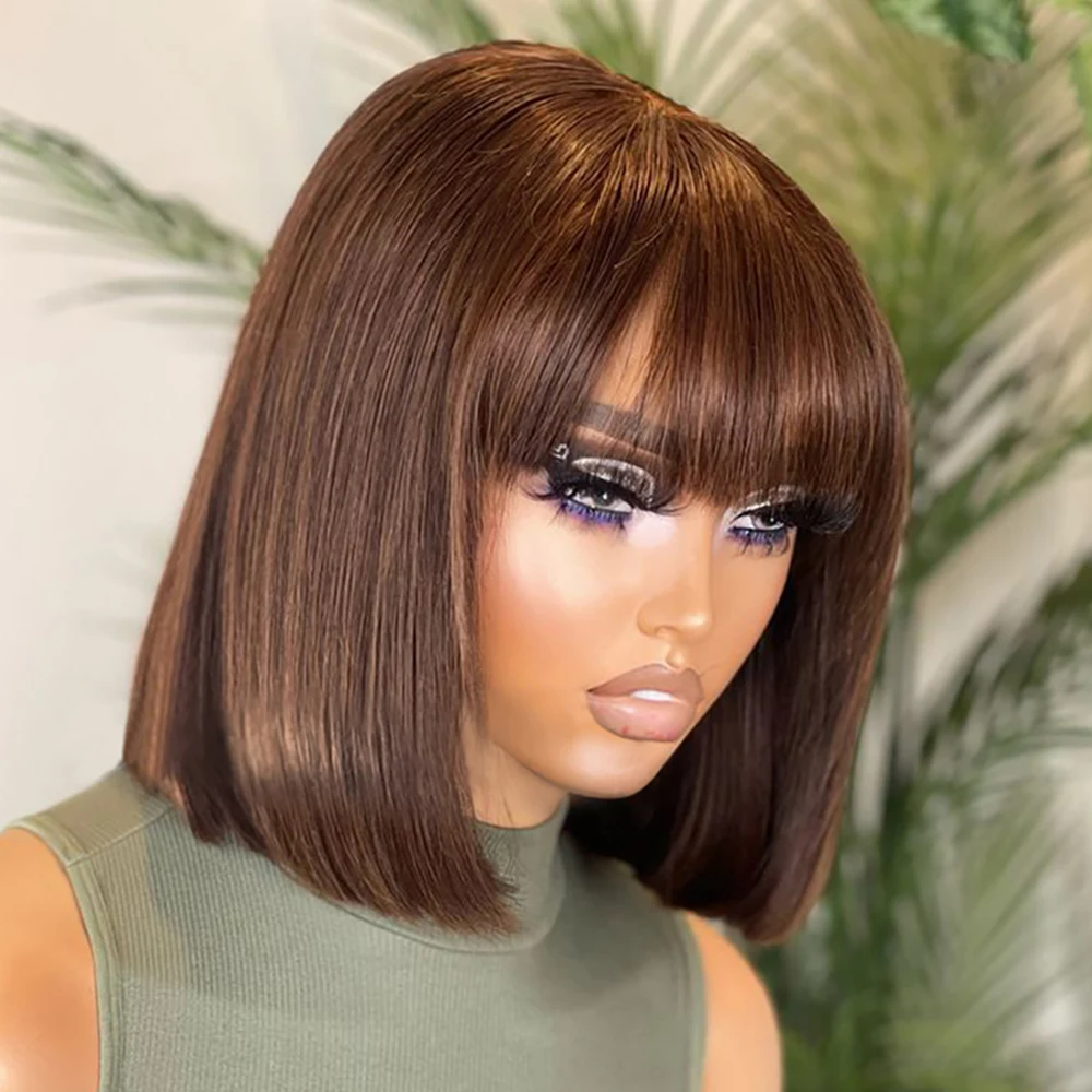 

Straight Human Hair Bob Wigs with Bangs Remy Full Machine Made for Women Hightlight Burgundy Brown Colored BOB Wig