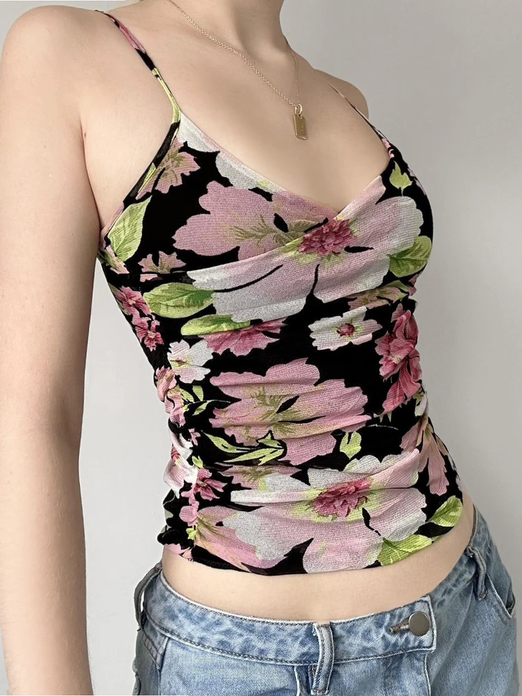 Top de Mujer Amyway con Estampado Floral Vintage, Cuello ter, Sin Mangas, Escote Bajo, Estilo Retro Sexy, Ropa Casual, Mez...
