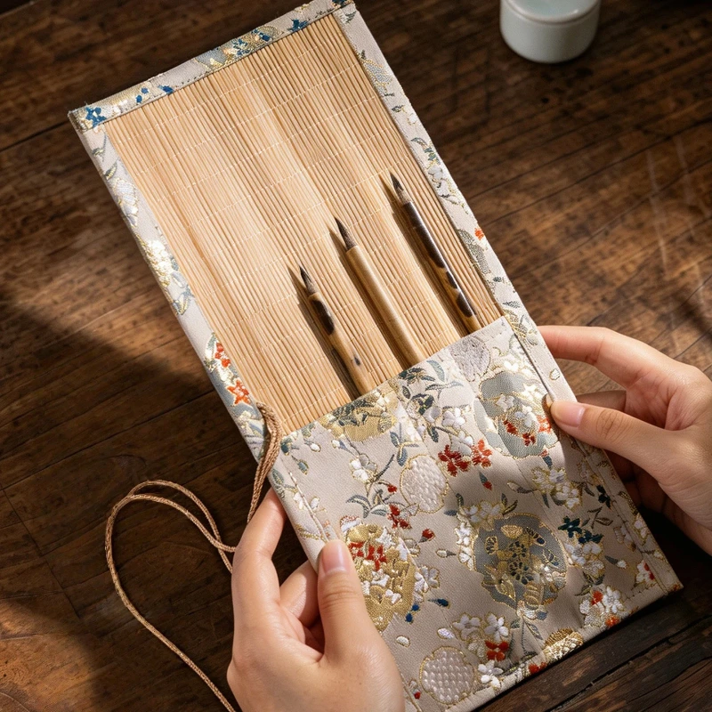 Brush Roll Chinese Style Color Painting Bamboo Calligraphy Brush Storage Bag Vintage Practice Four Treasures Study Beginner Tool