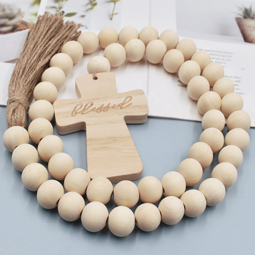 

2pcs Farmhouse Wooden Bead Garland Rustic Wall Hanging Decor For Thanksgiving Party Diy Wood Beads Tassel Cross Pendant Festival