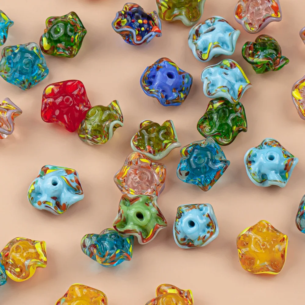 Lampwork Liuli Beads with Floral & Skirt-Edge Design, DIY Beaded Bracelet & Jewelry Accessories（4 pieces）