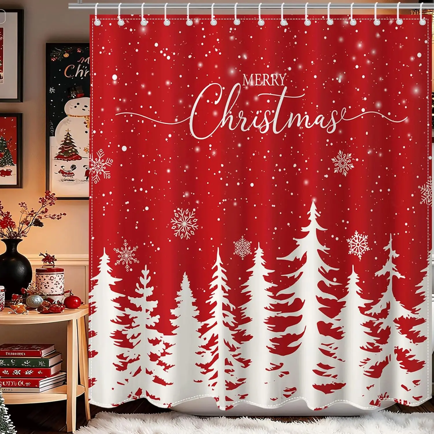 

Рождественская занавеска для душа, зимняя красная снежинка, рождественская елка, занавеска для душа на Рождество, декор для ванной комнаты, водонепроницаемая ткань, Рождество