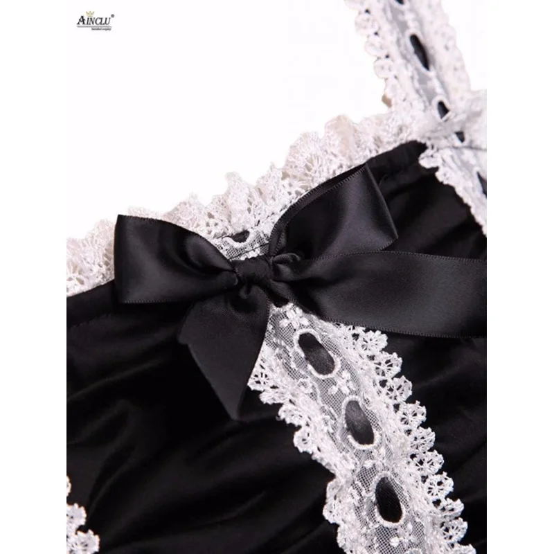 Mittellanges Kleid Frauen Baumwolle schwarz schlaflose Spitze klassische A-Linie Lolita Kleid mit weißen Spitzen/Schleife lässig Blase Lolita Kleid