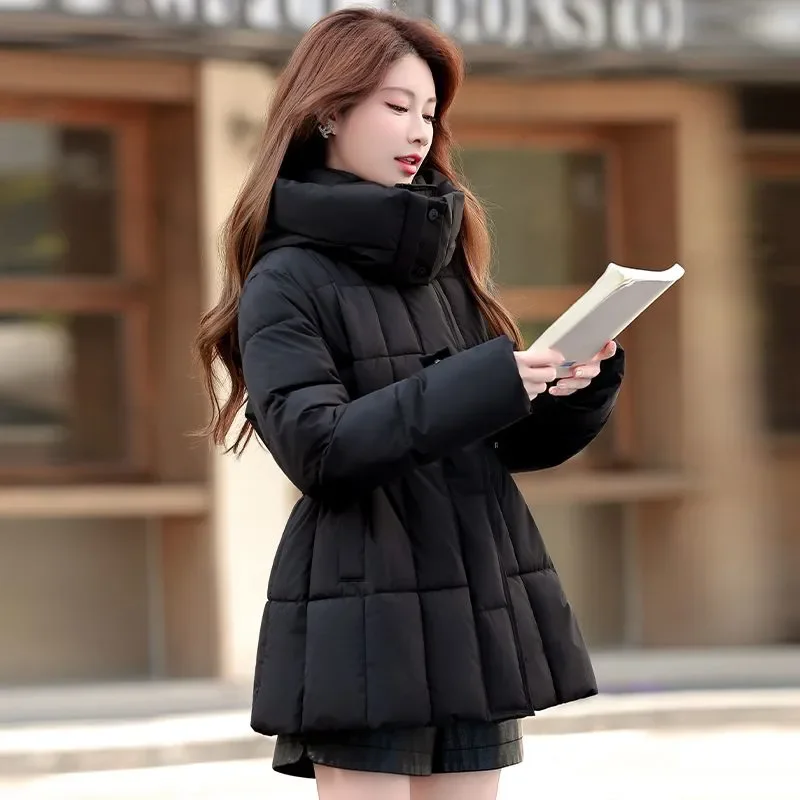 2026 New Winter Chic Down Cotton-Padded Jacket Women's Overcoat Hooded Thick Warm Parka Coat Waist Slim Cotton-Padded Jacket