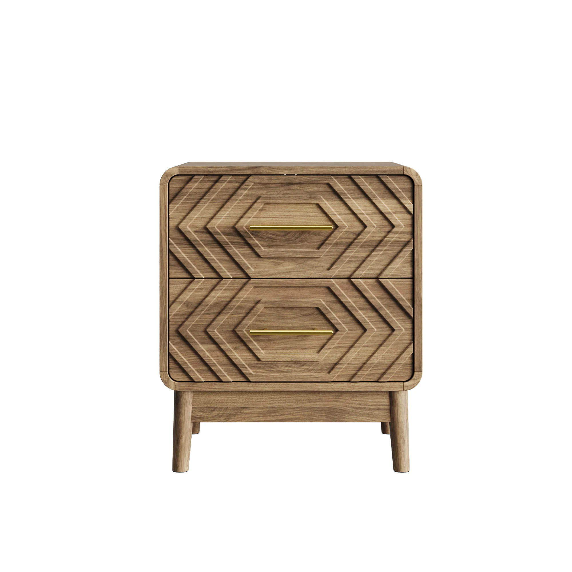 Farmhouse Nightstand with 2 Drawers, Walnut Wood Grain Bedside Table with Gold Handles, Hexagon 3D Relief End Table for Bedroom