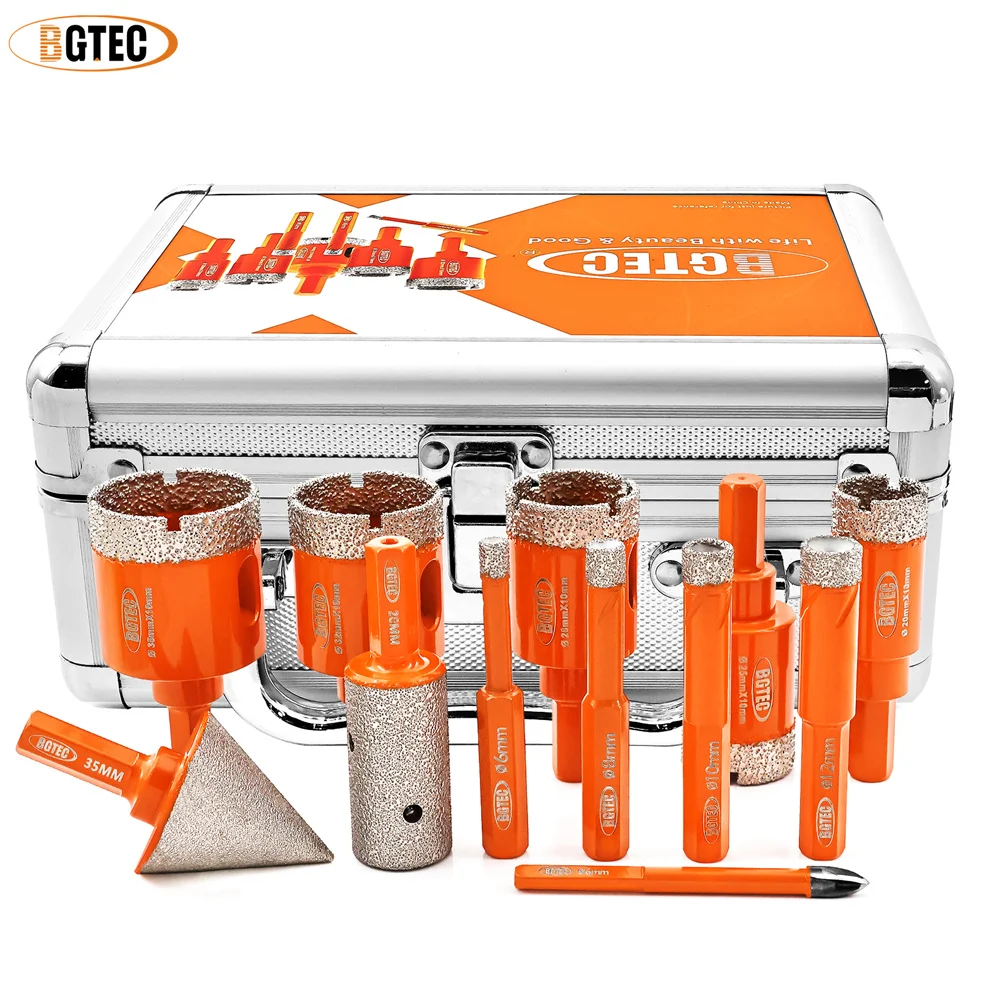 

BGTEC 12pcs Diamond Dry Drill Bit Kit Dia6-35mm Aluminum Case Cross Drill Bit Chamfer Grinding Rod Ceramie Tile Granite Marble