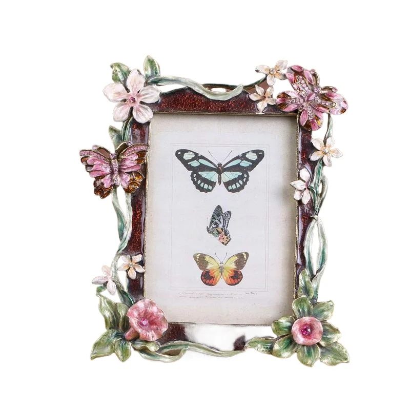 

European flower and bird photo frame table creative enamel metal photo frame handicraft ornament wedding gift