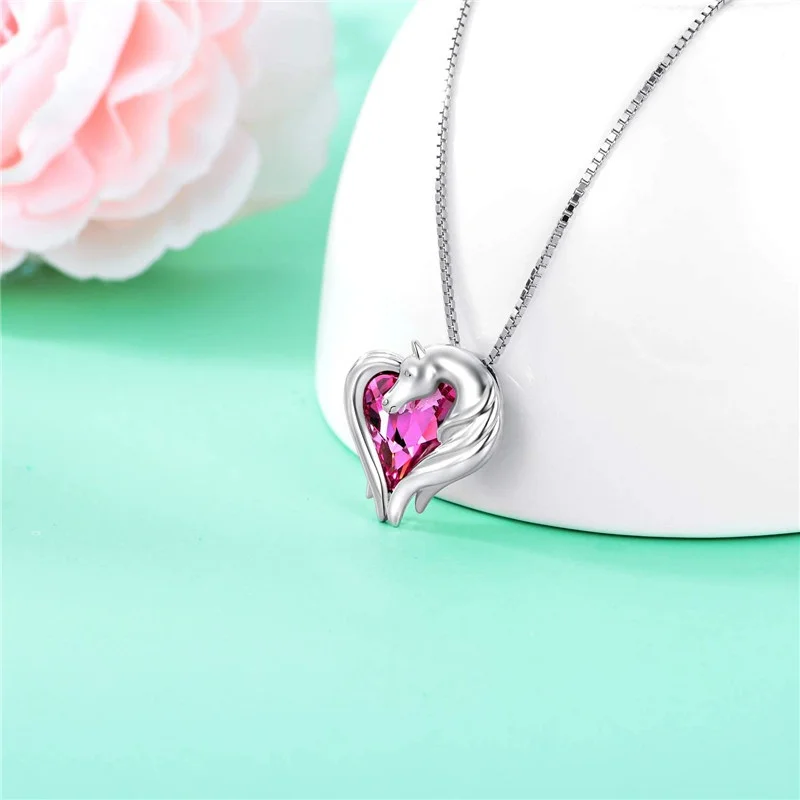 2 style Silver Horse in Heart Pendant Necklace Animal Jewelry Gift for Teen Girls Lovers Embellished with Crystals