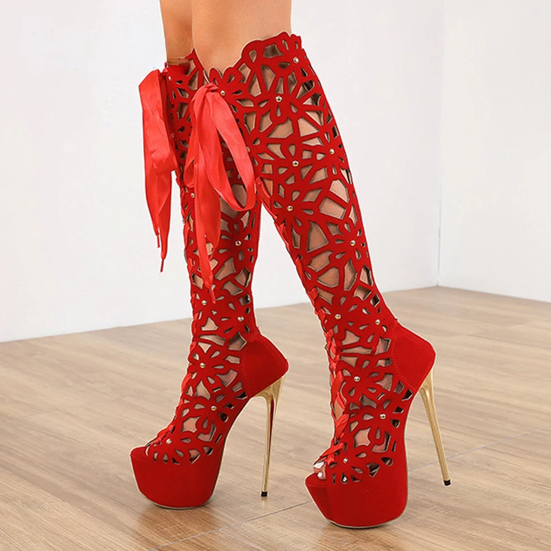 16CM Ultra Thin High Heels Sexy Nightclub Hollow Out Over The Knee Boots Women Peep Toe Lace-Up Zip Platform Shoes Sandals