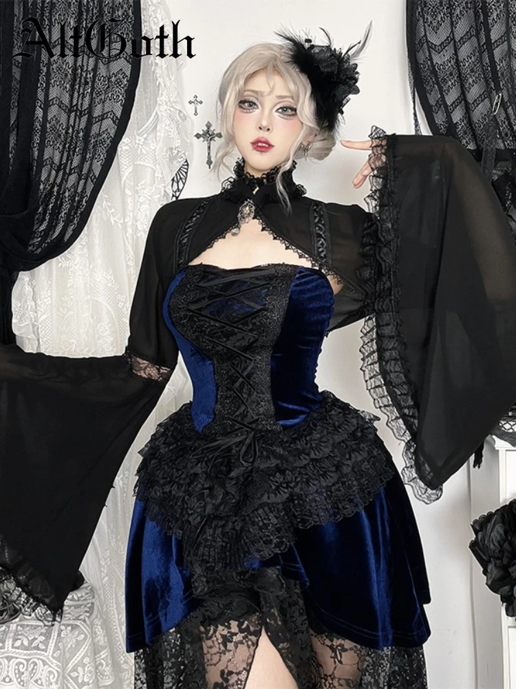 

AltGoth Gothic Vintage Smock Women Dark Subculture Aesthetic Fairycore Grunge Emo Ace Patchwork Flare Sleeve Crop Blouse Female