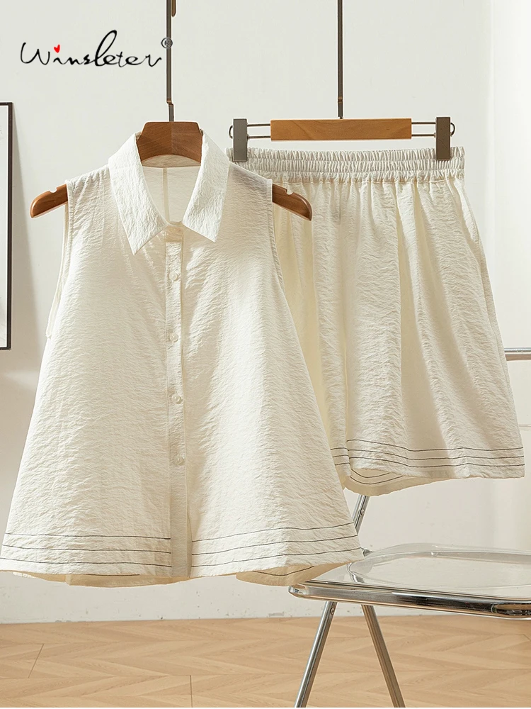 

Winsleter-Women 76% Silk 24% Nylon Elegant 2 Piece Set, Sleeveless Shirt, Wide Leg Shorts, Versatile Suit, 2025 Summer S56115CC