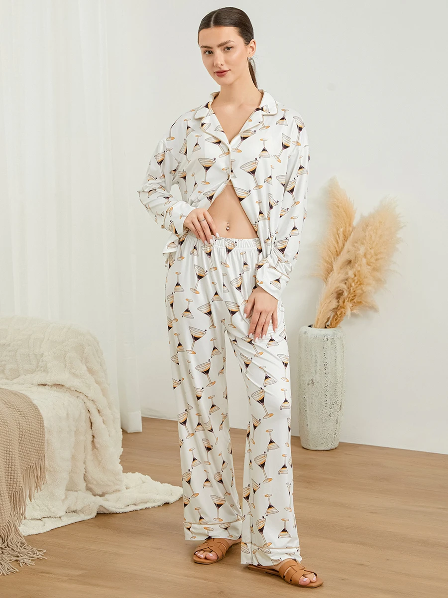 Roupa de pijama de manga comprida feminina estampada em vidro de vinho, colarinho com botão, camisa e calça, loungewear 2 peças, Y2K