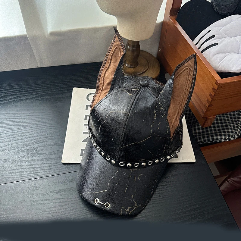 Nuevo nicho Punk cuero remache orejas de perro gorras de béisbol primavera otoño hombres mujeres personalidad ajustable sombrilla de moda sombreros de Hip Hop