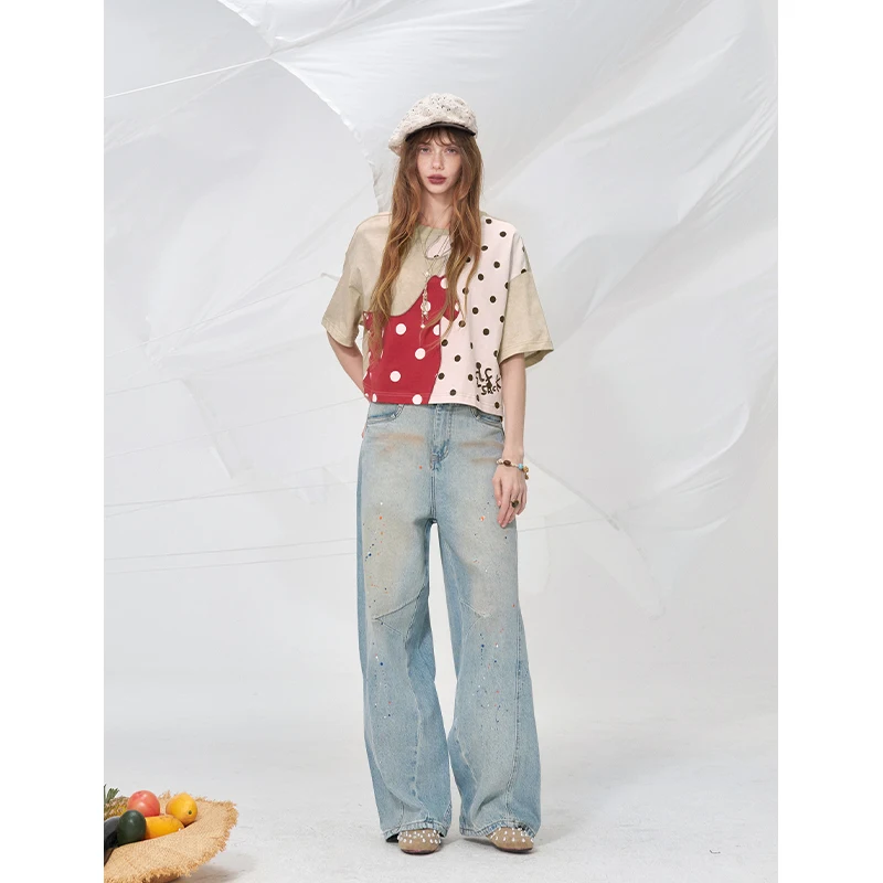 ELFSACK Patchwork Polka Dot Horse Print T-Shirt, Asymmetrical Half Sleeve Loose Top, Cute Retro Casual Tee for Women
