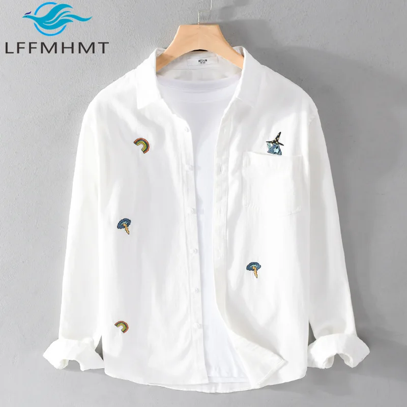 

Spring New Fashion Men's Comfortable 100% Cotton Long-sleeved Shirt Chic Embroidery Loose Casual Versatile Youth Tops Male 9633
