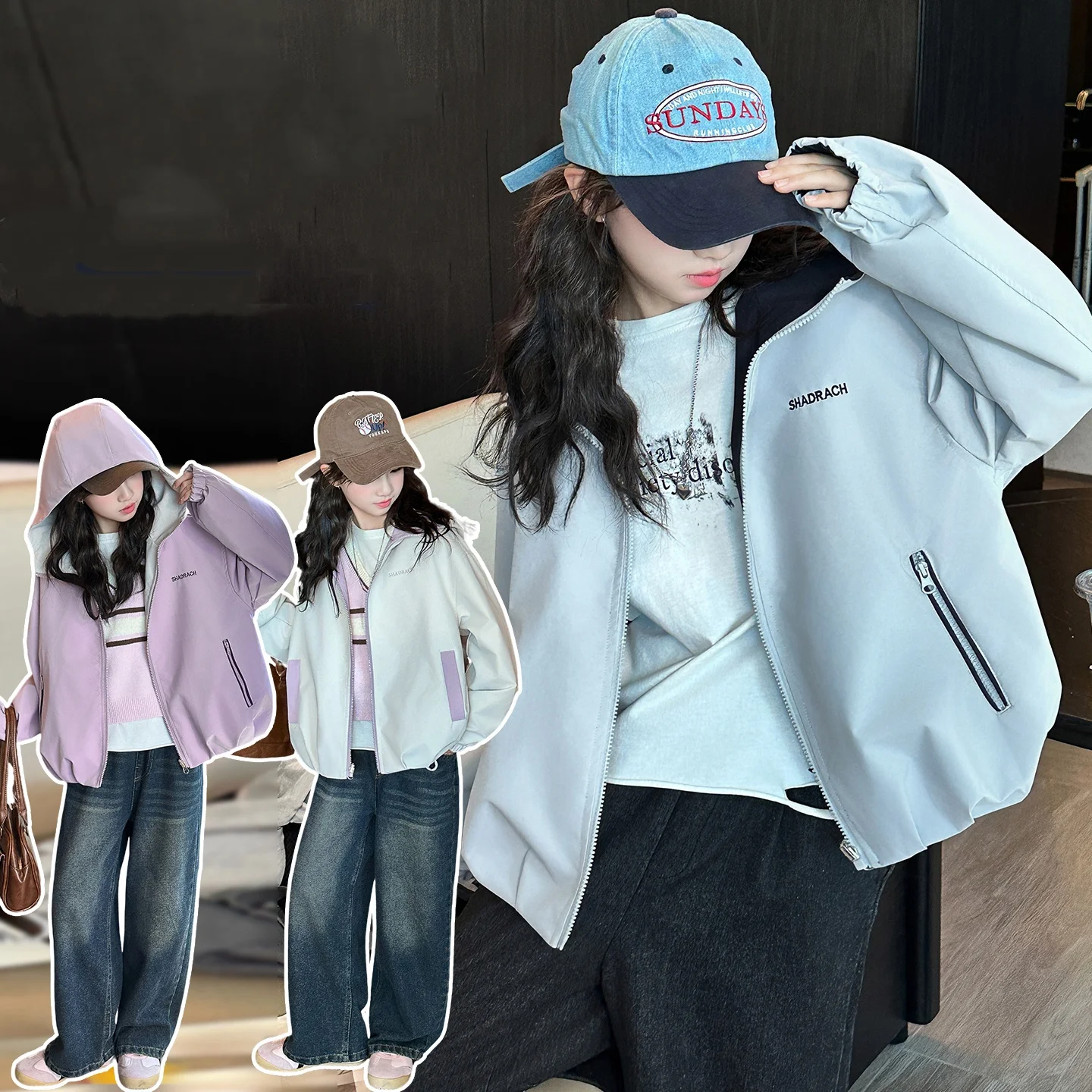 

Toddle Sporty Outwear Child Casual Style Spring Autumn Warm Jacket Kids Hooded Coat Ages 4-14Y Girl Two Side Wearing Outfit