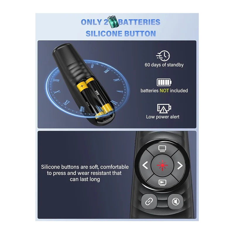 GROCE-Presentation Clicker 2-In-1 USB/Type C جهاز عرض لاسلكي أسود مناسب للكمبيوتر/الكمبيوتر المحمول والمكتب