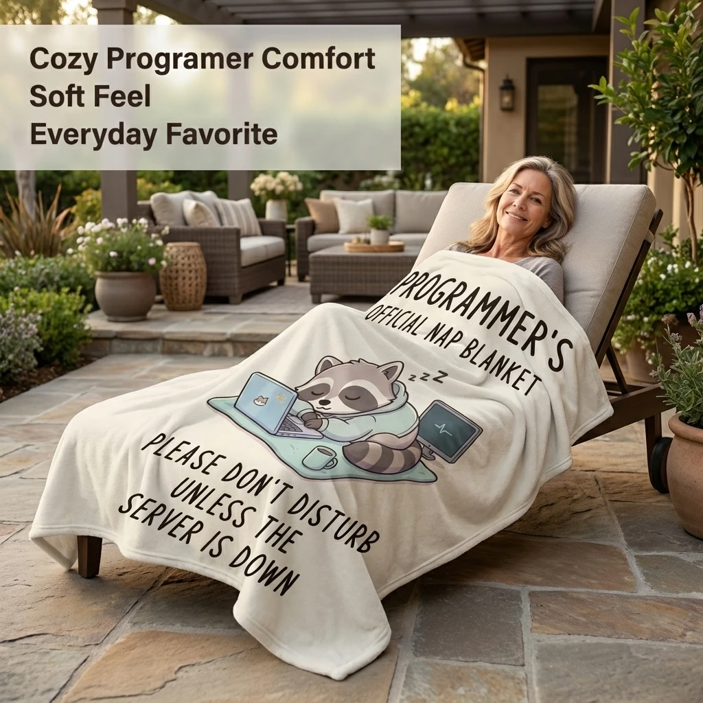 Cute Raccoon Programmer Print Flannel Throw Blanket Funny Official Nap Blanket for Coders Cozy Lightweight Throw Blanket