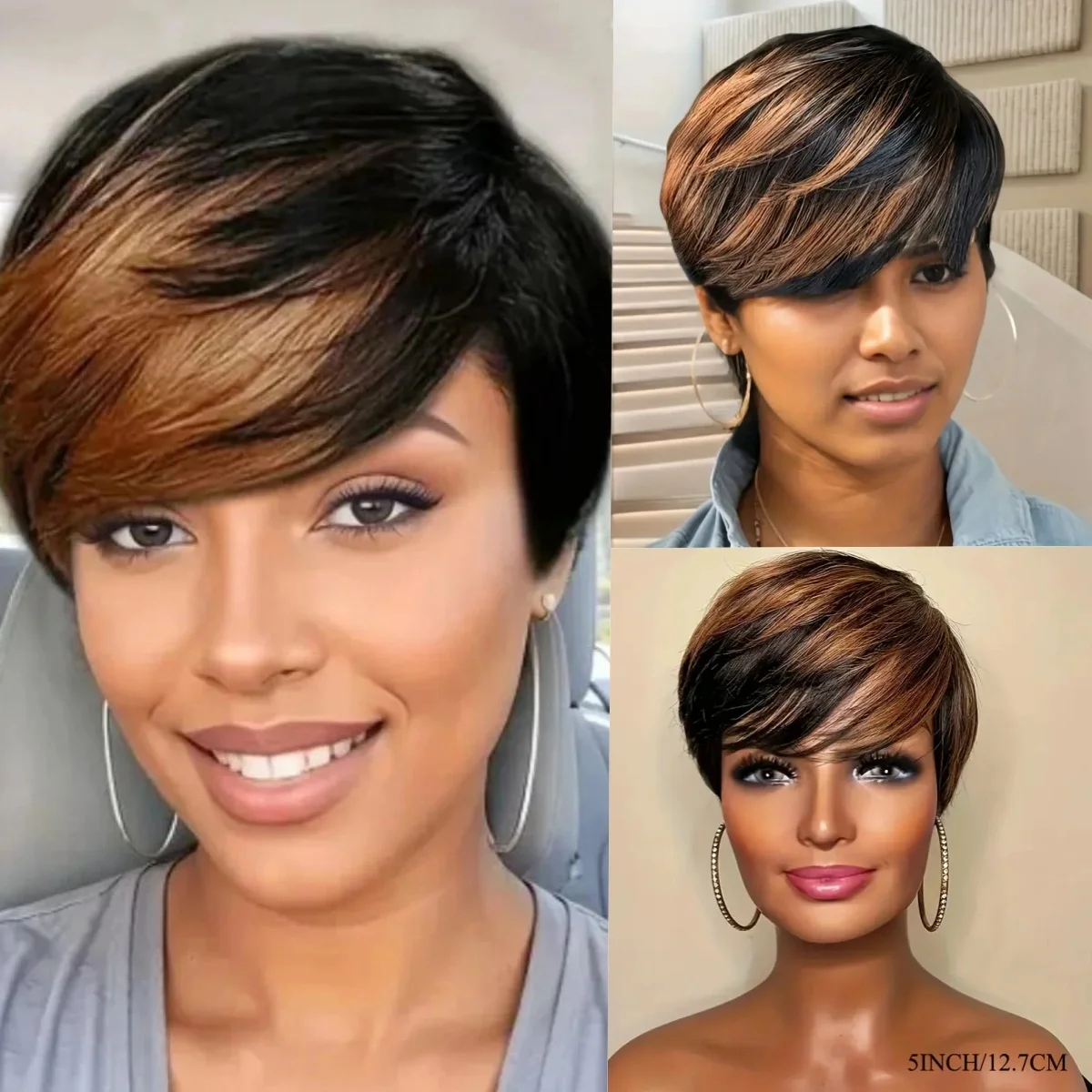 픽시 컷 가발 흑인 여성을위한 인간의 머리 짧은 가발 앞머리가있는 짧은 픽시 가발 전체 기계 제작 가발