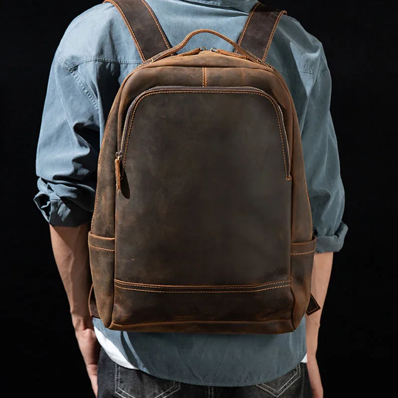 

Genuine leather Men‘s Backpack Large Knapsack Fit 15.6" Laptop Rucksack Student School Bag Daypack Man Travel Backpack