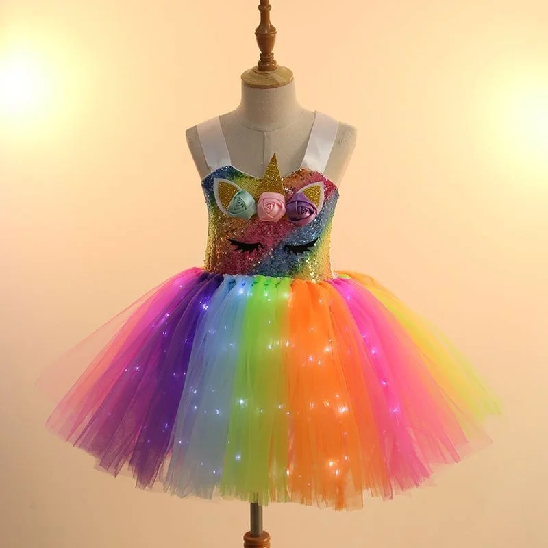 Disfraz de unicornio para niñas, vestido con luz LED, regalos de cumpleaños, vestido de princesa para fiesta de Halloween