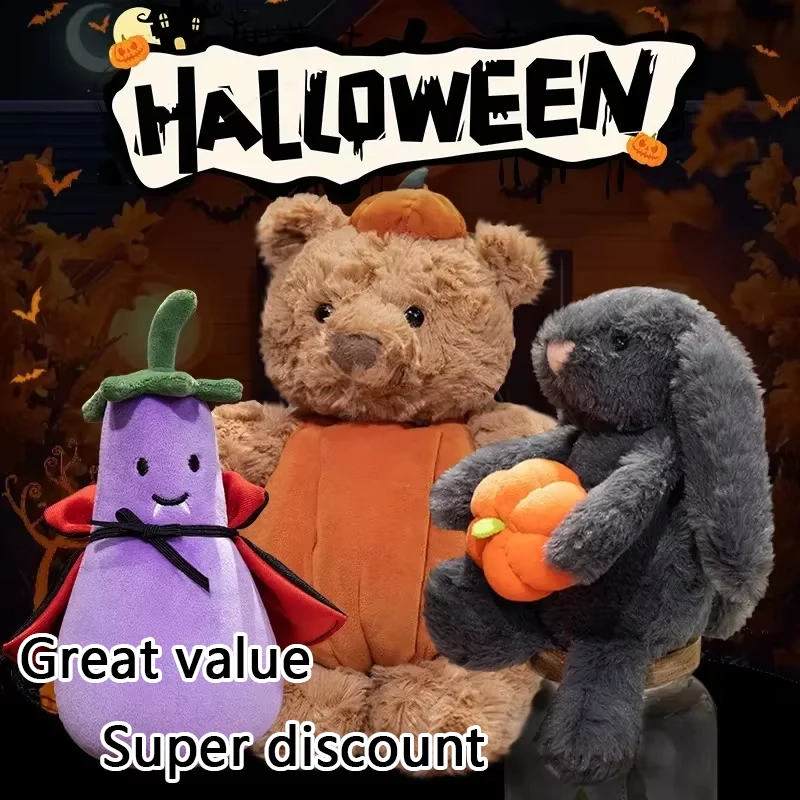 

Cute Black Rabbit Hold Pumpkin Plush Toys Soft Pumpkin Bear Earphone cloak Eggplant Stuffed Doll Halloween Funny Decoration Doll