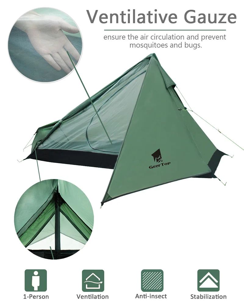 New Ultralight 1Person Backpacking Camping Tent 3 Season Professional 15D Nylon Silicon Coating Rodless Tent for Hiking Climbing