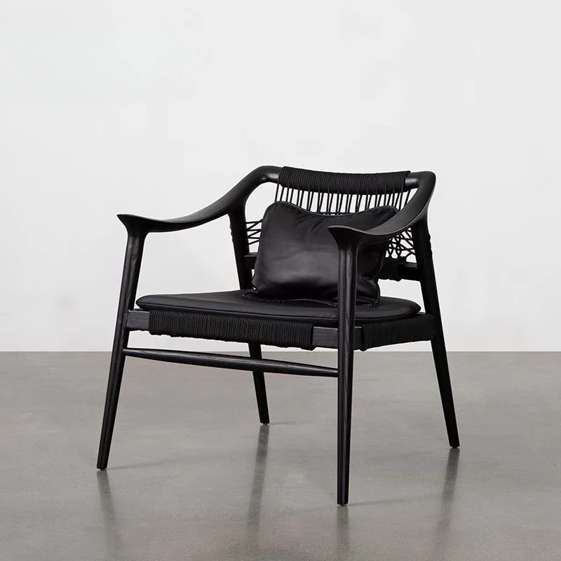 Solid wood sofa chair, designer Nordic homestay, backrest home armchair, tea room meeting guests, rope-woven leisure chair