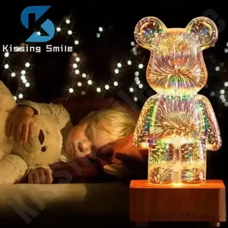 3D Fireworks Bear Night Light Projection Colorful USB Atmosphere Dimming Living Decorative Decor Room 3D Glass Fireworks Bedroom